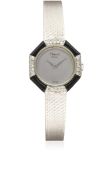 A LADIES 18K SOLID WHITE GOLD, DIAMOND & ONYX CHOPARD BRACELET WATCH CIRCA 1970s, REF. 822 Movement: