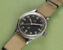 A RARE GENTLEMAN'S STAINLESS STEEL BRITISH MILITARY OMEGA RAF PILOTS WRIST WATCH DATED 1953, REF.