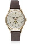 A GENTLEMAN'S LARGE SIZE PINK GOLD PLATED OMEGA COSMIC MOONPHASE TRIPLE CALENDAR WRIST WATCH CIRCA