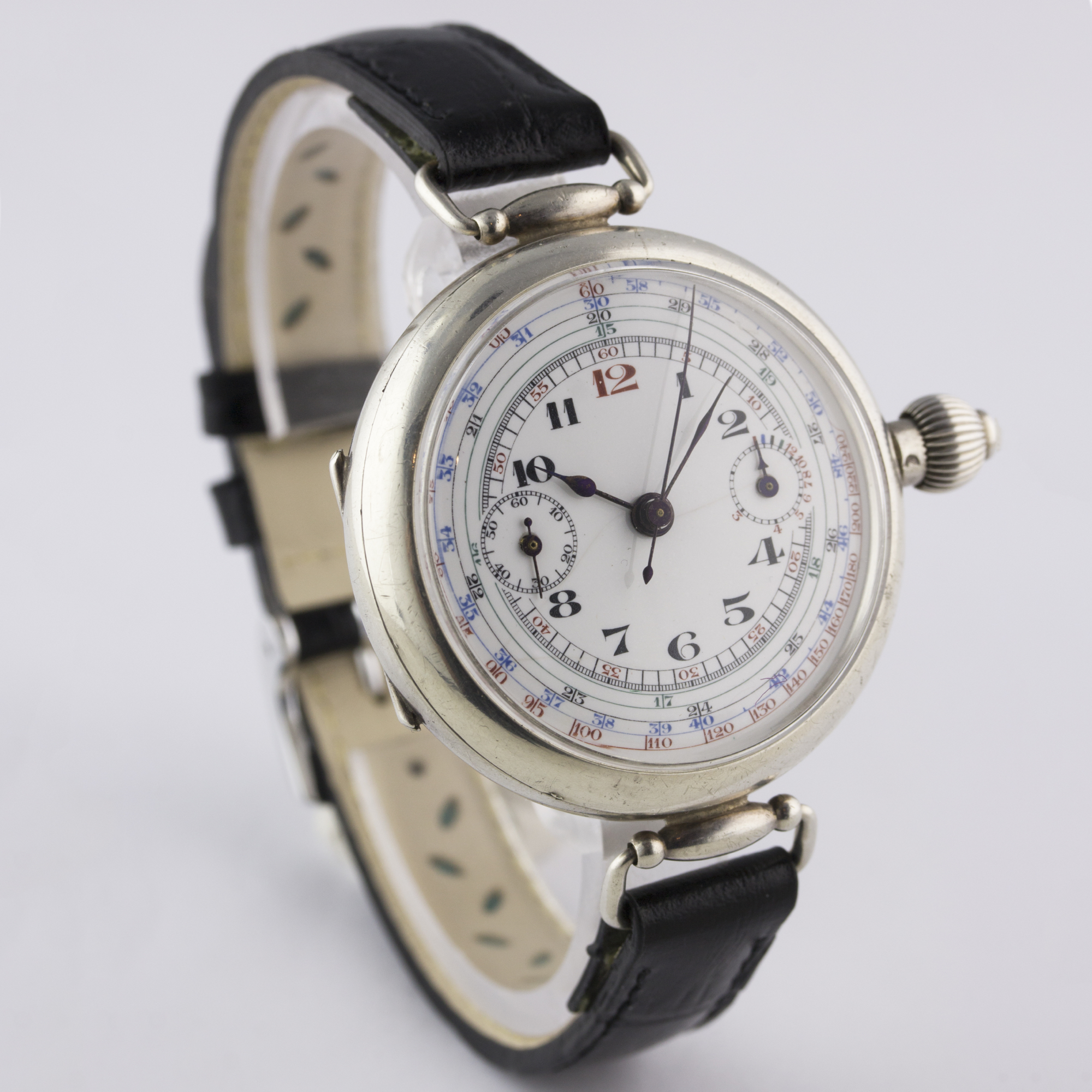 A RARE GENTLEMAN'S NICKEL CASED SINGLE BUTTON CHRONOGRAPH WRIST WATCH CIRCA 1920s Movement: Manual - Image 5 of 7