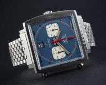 A RARE GENTLEMAN'S STAINLESS STEEL HEUER MONACO "STEVE MCQUEEN" AUTOMATIC CHRONOGRAPH BRACELET WATCH