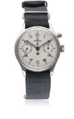 A RARE GENTLEMAN'S STAINLESS STEEL BRITISH MILITARY LEMANIA SINGLE BUTTON ROYAL NAVY CHRONOGRAPH