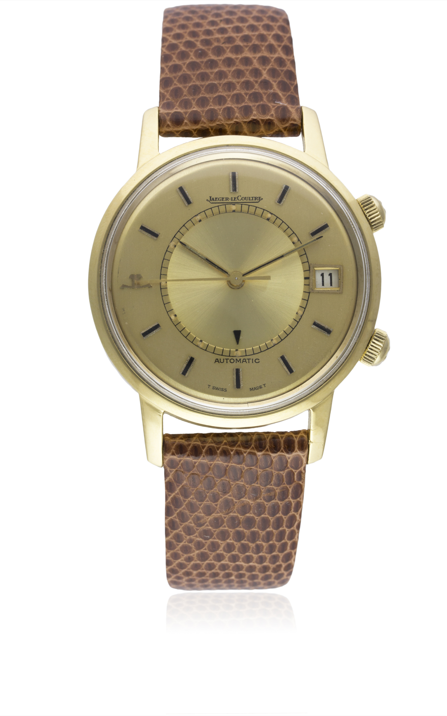 A GENTLEMAN'S 18K SOLID GOLD JAEGER LECOULTRE MEMOVOX AUTOMATIC ALARM WRIST WATCH CIRCA 1970, REF.