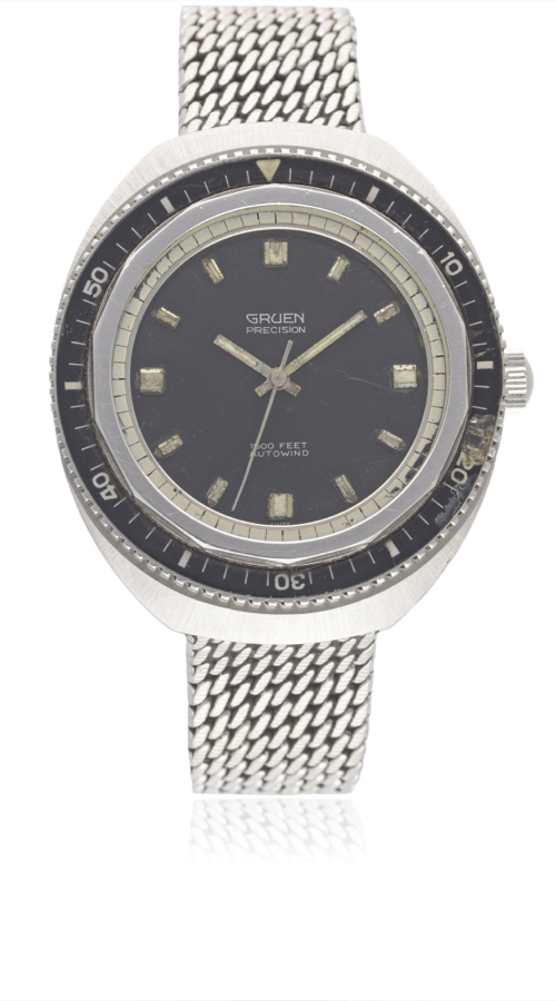 A GENTLEMAN'S STAINLESS STEEL GRUEN PRECISION AUTOWIND 1500 FEET DIVERS BRACELET WATCH CIRCA 1970,