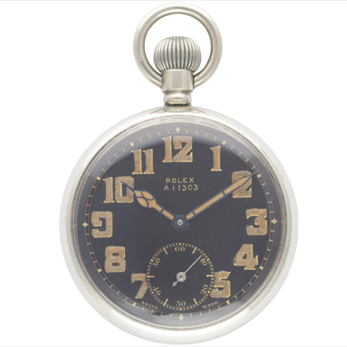 A GENTLEMAN'S BRITISH MILITARY ROLEX POCKET WATCH CIRCA 1930s, WITH BLACK ENAMEL MILITARY DIAL