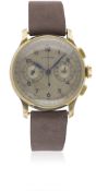 A RARE GENTLEMAN'S LARGE SIZE 14K SOLID GOLD LONGINES FLYBACK CHRONOGRAPH WRIST WATCH DATED 1939,