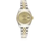 A LADIES STEEL & GOLD ROLEX OYSTER PERPETUAL DATEJUST BRACELET WATCH DATED 2004, REF. 79173 WITH BOX