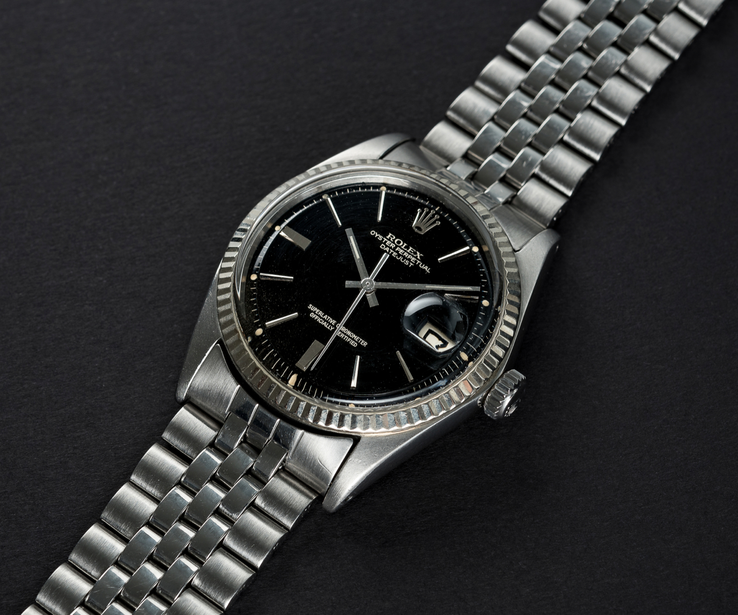 A RARE GENTLEMAN'S STEEL & WHITE GOLD ROLEX OYSTER PERPETUAL DATEJUST BRACELET WATCH CIRCA 1965, - Image 2 of 13
