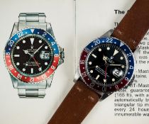 A RARE GENTLEMAN'S STAINLESS STEEL ROLEX OYSTER PERPETUAL GMT MASTER WRIST WATCH CIRCA 1968, REF.