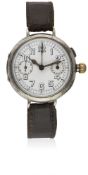 A RARE GENTLEMAN'S SOLID SILVER WW1 SINGLE BUTTON CHRONOGRAPH PILOTS WRIST WATCH CIRCA 1918, WITH