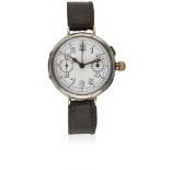 A RARE GENTLEMAN'S SOLID SILVER WW1 SINGLE BUTTON CHRONOGRAPH PILOTS WRIST WATCH CIRCA 1918, WITH