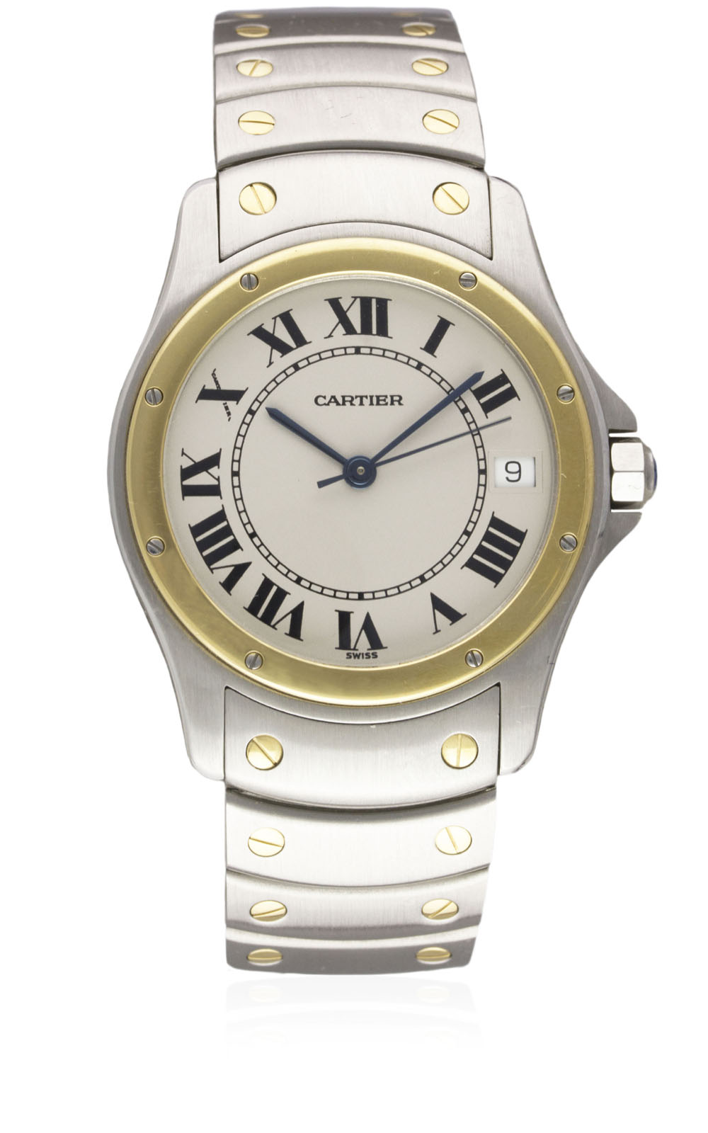 A GENTLEMAN'S STEEL & GOLD CARTIER SANTOS RONDE AUTOMATIC BRACELET WATCH DATED 1997, REF. 1910