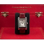 A FINE GENTLEMAN'S PLATINUM CARTIER TANK À VIS MECANIQUE WRIST WATCH DATED 2001, REF. 2485 D WITH