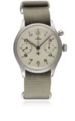 A GENTLEMAN'S STAINLESS STEEL BRITISH MILITARY LEMANIA SINGLE BUTTON ROYAL NAVY CHRONOGRAPH WRIST