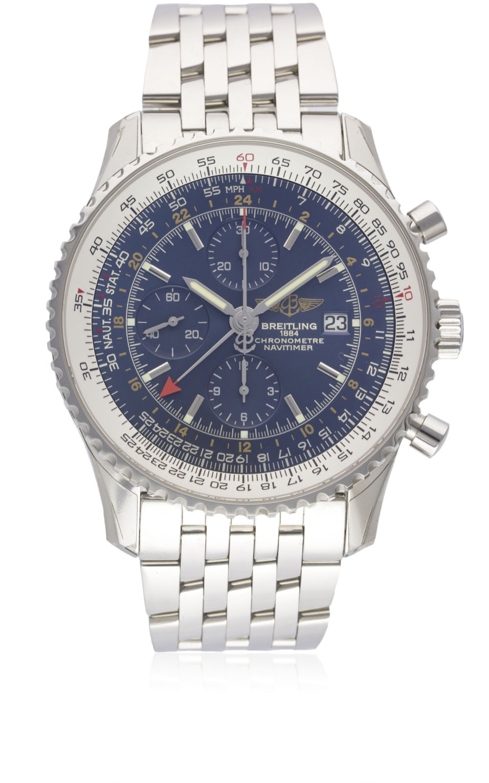 A GENTLEMAN'S UNWORN STAINLESS STEEL BREITLING NAVITIMER WORLD AUTOMATIC CHRONOGRAPH BRACELET