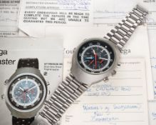 A GENTLEMAN'S STAINLESS STEEL OMEGA FLIGHTMASTER CHRONOGRAPH BRACELET WATCH DATED 1975, REF. 145.036