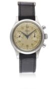 A GENTLEMAN'S STAINLESS STEEL REGALIS WATERPROOF "CLAMSHELL" CHRONOGRAPH WRIST WATCH DATED 1951,