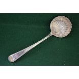 George III silver sauce ladle with Shell pattern bowl and Feather Edge decoration to handle,