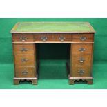 Walnut pedestal desk having green leather insert over single central drawer flanked by single short