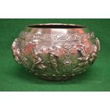 Possibly Indian white metal jardiniere bowl having ornately decorated body of figures and mythical