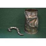 Japanese/Chinese white metal possibly silver tankard having raised decoration of a dragon and