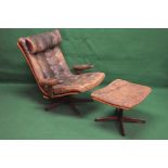 Swedish Mobel swivel rocking armchair having a bent wood frame with buttoned leather head rest,