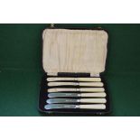 Cased set of six heavy gauge silver bladed butter knives with faux ivory handles,