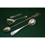 Continental silver items to comprise: German Art Deco sugar shovel, Norwegian jam spoon,