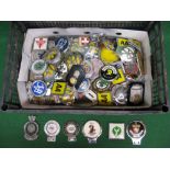 Large box of car badges to include: AA, RAC,