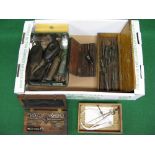 Oil cans, greasers, three boxed tap and die sets,