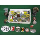 Box of car badges to include: Oulton Park, AA, RAC, European Countries, a GB plate, bag of fixings,