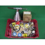 Redex conical applicator, A1932 Armstrong Siddeley rear wheel bearing and a crate of gauges, badges,