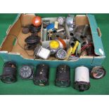 Box of Triumph motorcycle parts to include: gears, push rod tubes, lights,