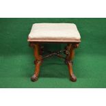 Victorian mahogany square dressing stool having drop in padded top supported on scrolled uprights