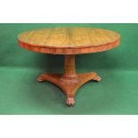 Rosewood circular breakfast table having brass string inlaid top supported on a turned outward
