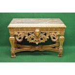 Gilt wood painted marble top console table the base being heavily carved with face and surmounted