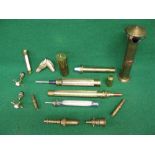 Box of mostly brass items to include: three temperature gauges, hose nozzles,