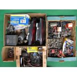 Three boxes of new and used vehicle parts to include box of chrome handles