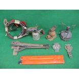 Crate containing tow cable, jump leads, warning triangle, two AA badges, two old jacks,