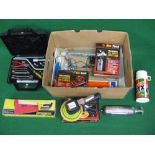 Boxed Am-Tech air sander and spray gun together with tool set, extinguisher, Castrol thermos,