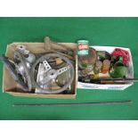 Two boxes of oil cans, pourers, steering wheels,