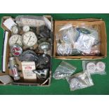 Two boxes of vehicle identification badges for Ford, Mercedes, Capri, RS, BMW,