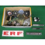 Box of horn pushes, badges for ERF and Mini Clubman, solenoid, Champion spark plug tool,