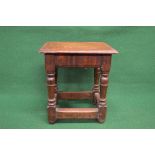 Oak joint stool having rectangular top with moulded edge supported on turned and block legs