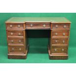 Victorian mahogany inverted breakfront pedestal desk having green leather insert top over three