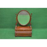 Edwardian inlaid mahogany box base swing mirror having oval mirror supported on scrolled uprights
