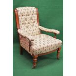 Victorian mahogany upholstered armchair having button back with padded arms and seat with bow front,