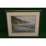 Watkin, pastel of a coastal scene of a rocky beach with hills beyond, signed bottom left - 19" x 14.