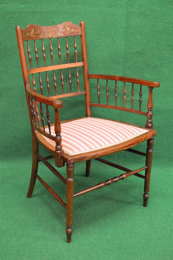 19th century rosewood and brass marquetry inlaid elbow chair