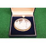 Oval carved shell cameo brooch depicting water nymphs and dolphins, set in modern gold mount - 2.